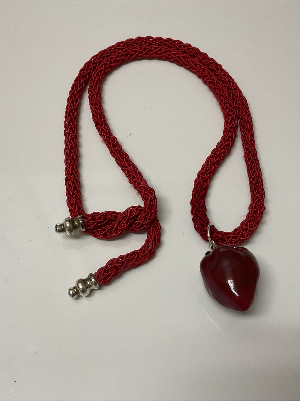 Silk Red Braided Cord Necklace with Strawberry Pendent with Silver Accents